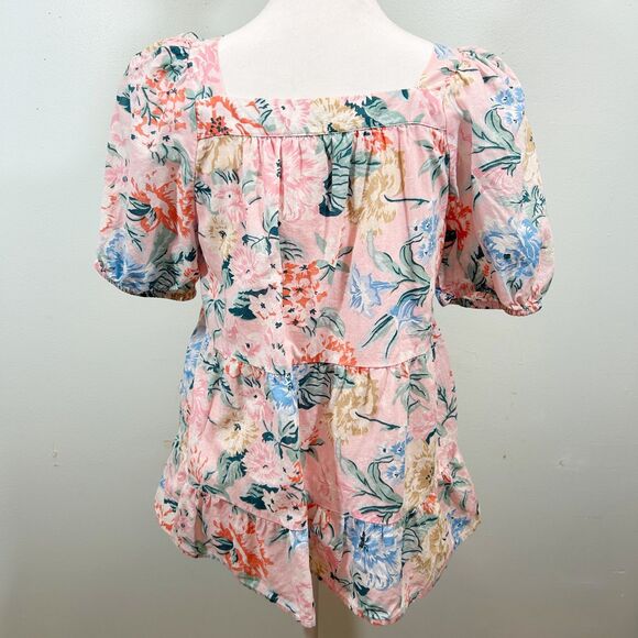 Loft 100% Cotton Pink Floral Peplum Lace Puff Sleeve Top Size XS Cottagecore - Picture 2 of 13